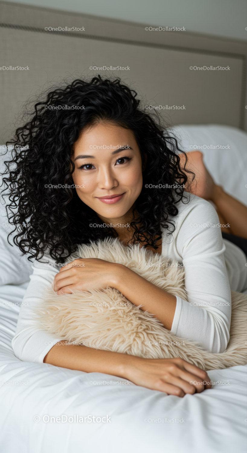 Relaxed woman lying on bed hugging furry pillow