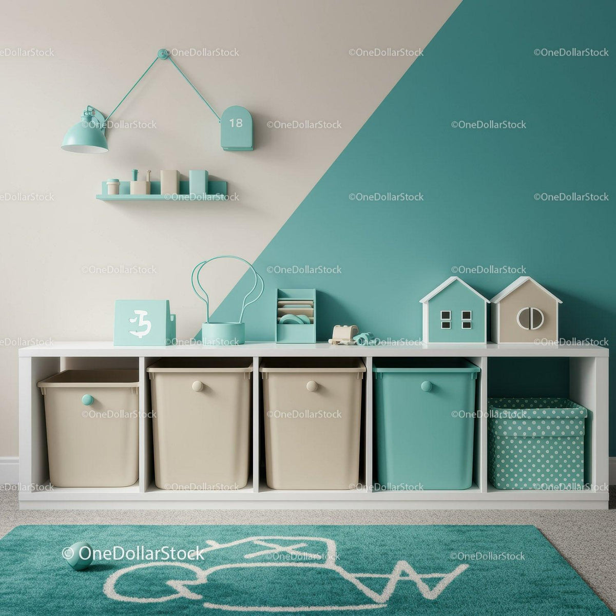 Modern Children's Room with Colorful Toy Storage and Shelves