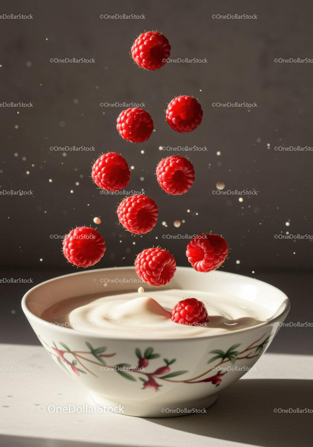 Fresh raspberries falling into creamy yogurt bowl