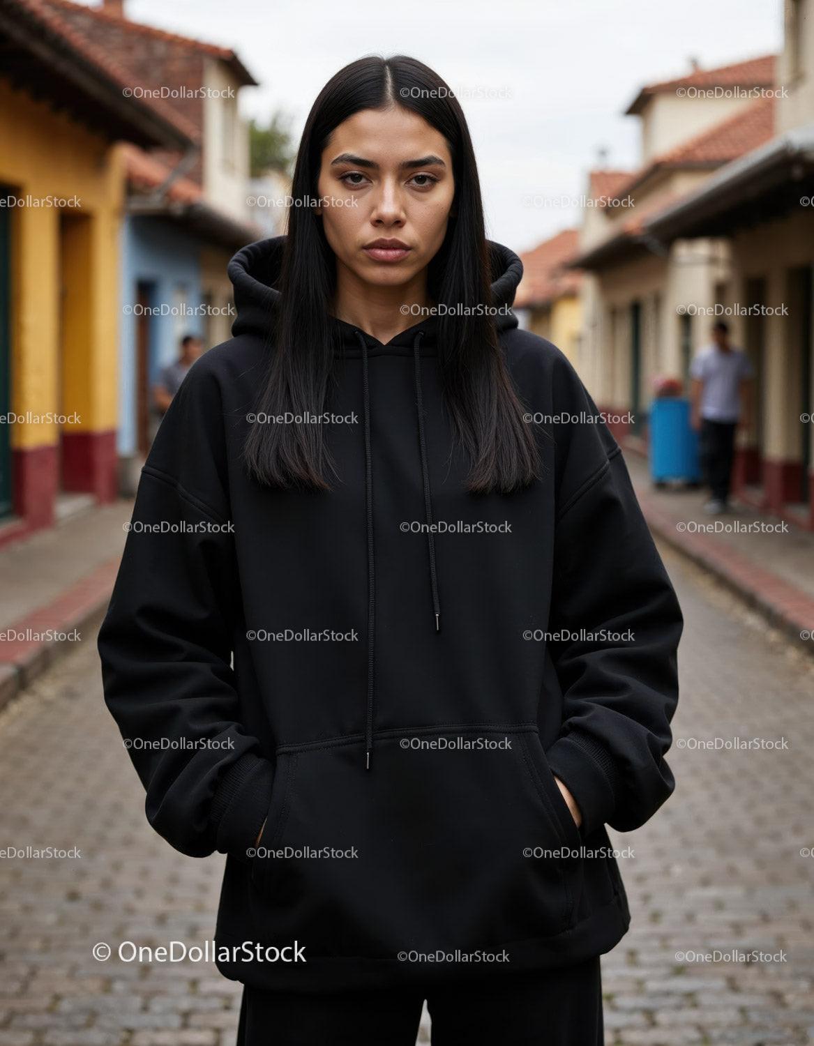stock photo bundle made with Fashionable Woman Wearing Black Hoodie in Urban City Street Stock Photo Bundle