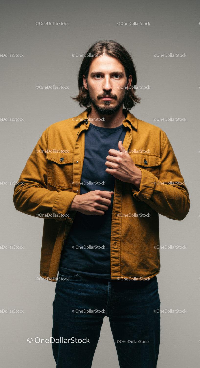 Confident young man adjusting shirt in casual outfit