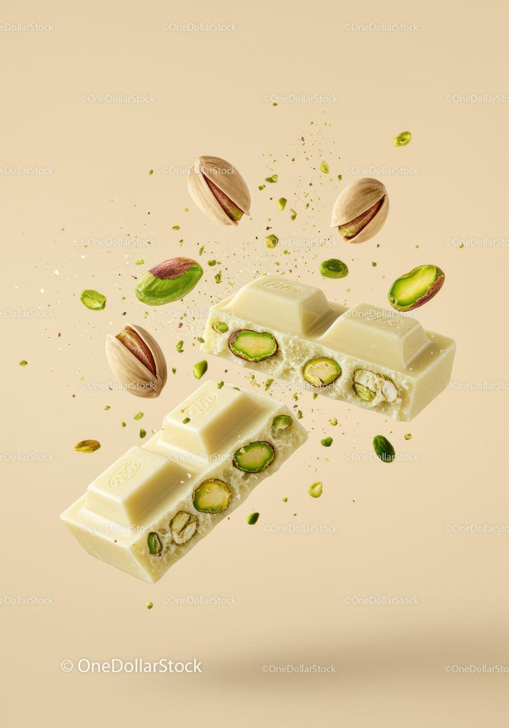 White chocolate bar with whole pistachio nuts floating