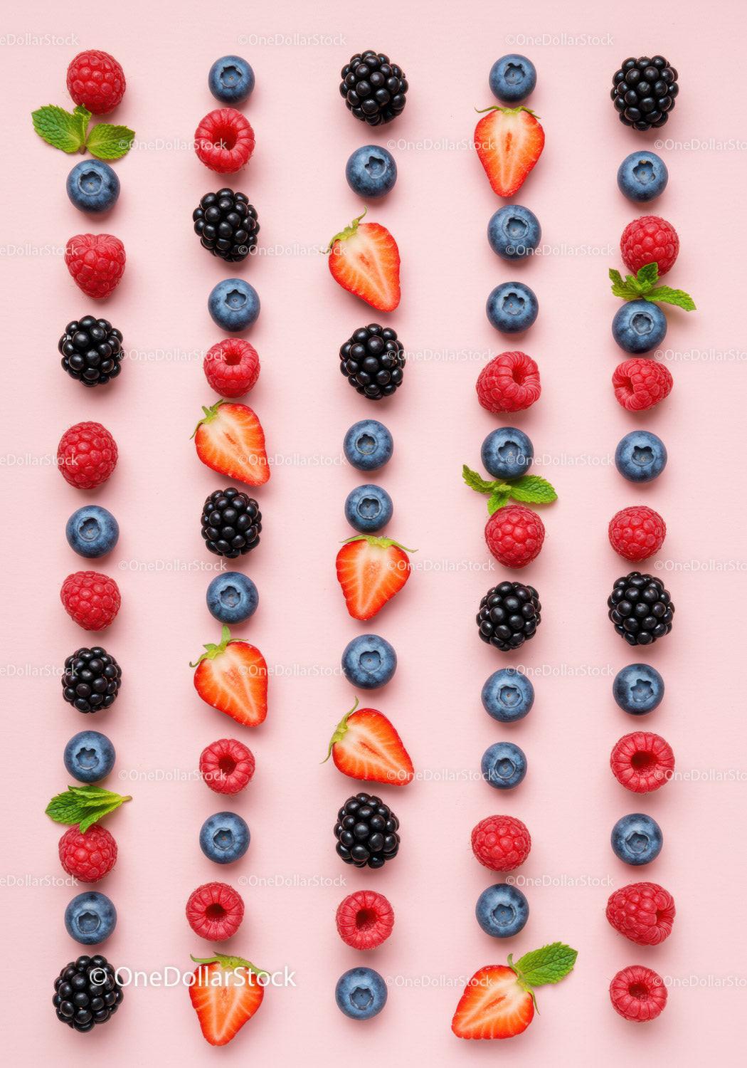 Fresh mixed berries neatly arranged on pink background