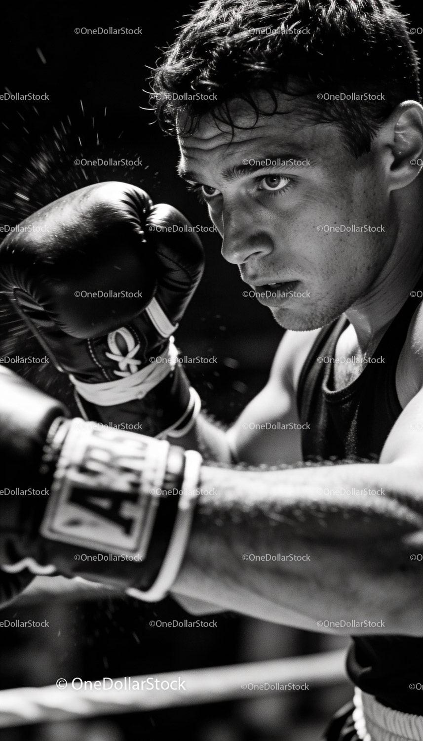Focused Boxer Training in Intense Black and White Scene