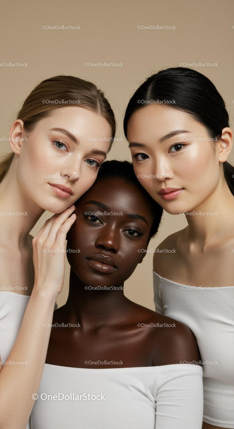 Portrait of Three Diverse Women with Flawless Skin and Elegant Style