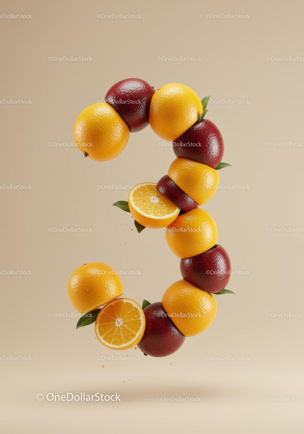 Number three formed by blood and orange fruits