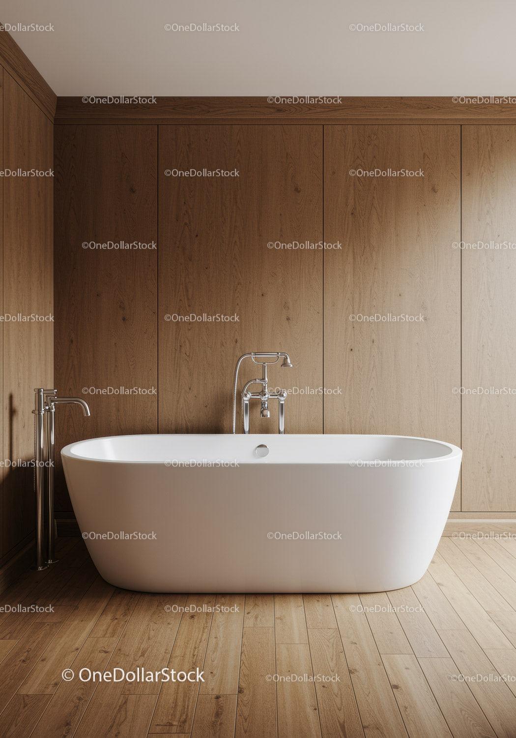 Elegant White Freestanding Bathtub in Modern Wooden Bathroom
