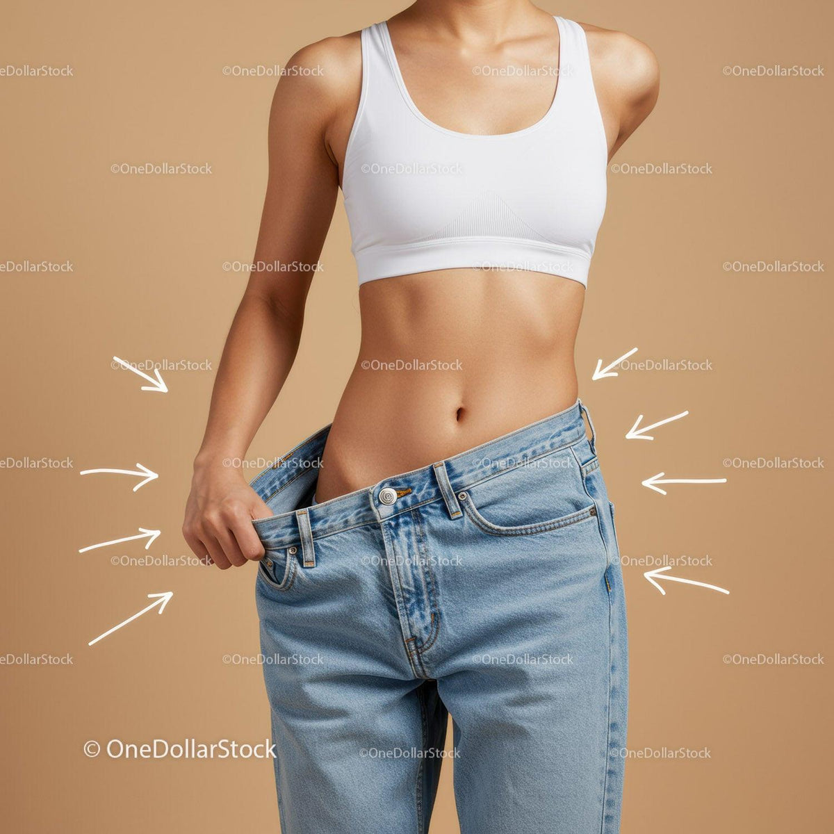 Young Woman Wearing Oversized Blue Jeans and White Sports Bra in Casual Style