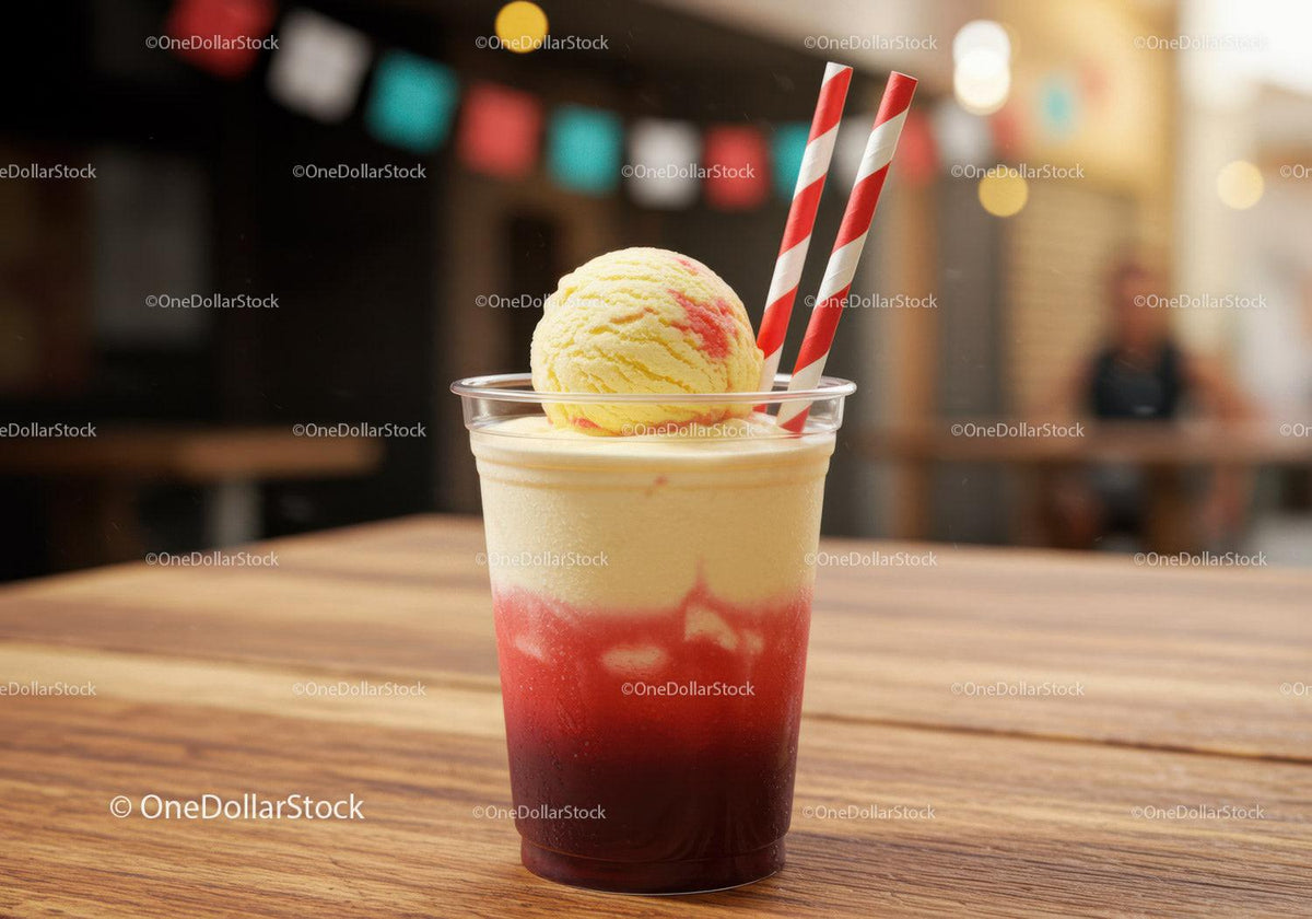 Refreshing Strawberry Ice Cream Sundae in Plastic Cup with Striped Straws Stock Photo Bundle creative preview 9