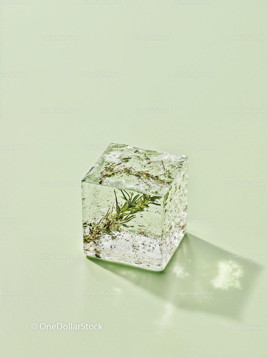Frozen Ice Cube with Herb in Soft Light