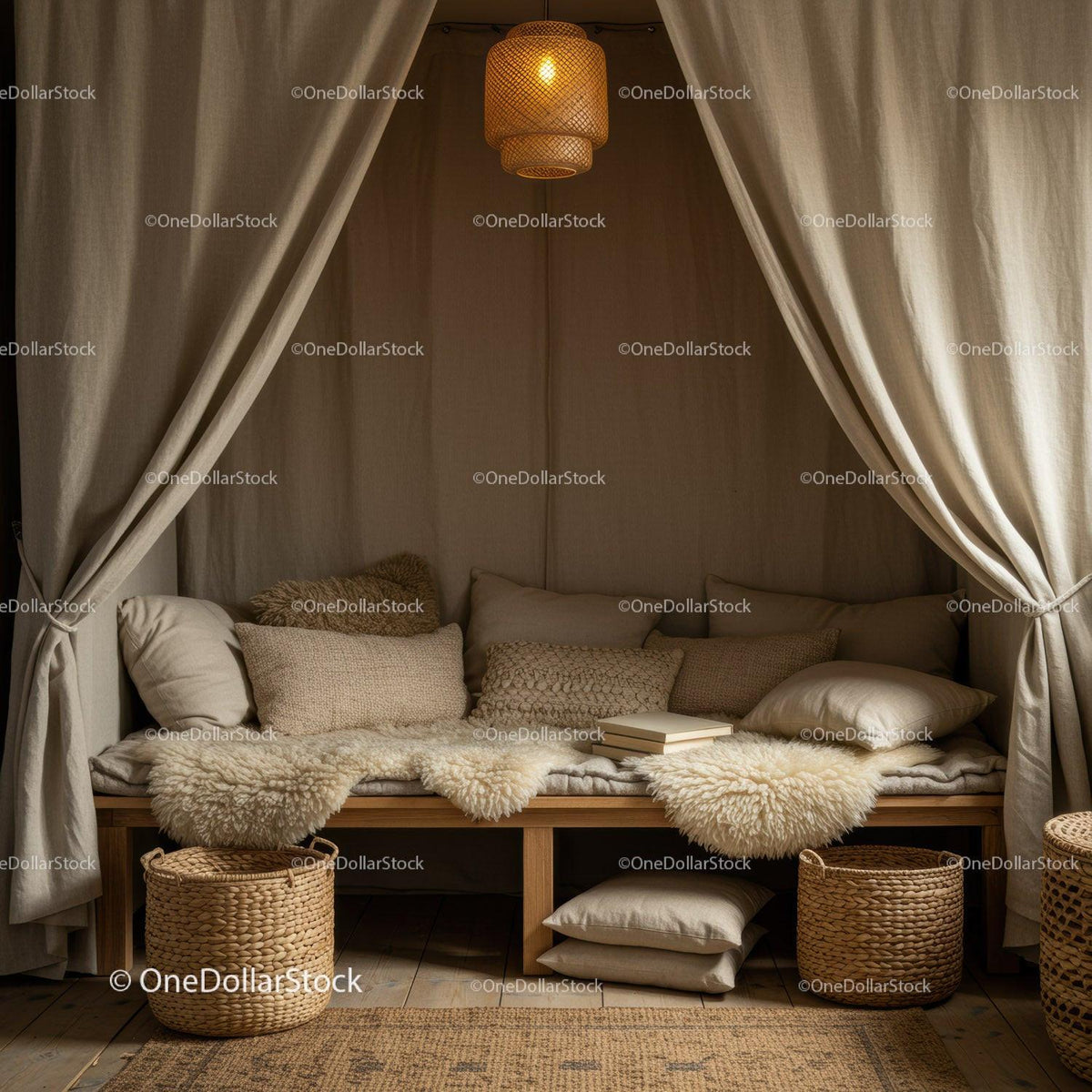 Cozy reading nook with neutral cushions and soft lighting