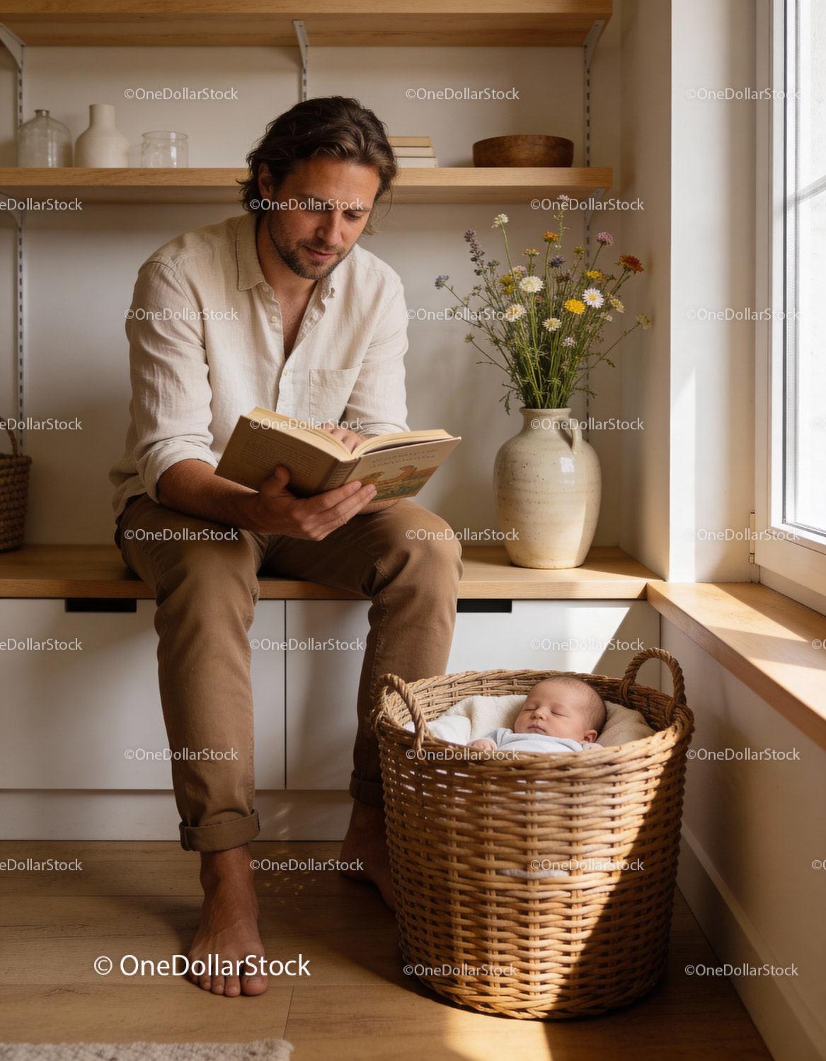 Father Reading Book While Baby Sleeps in Basket