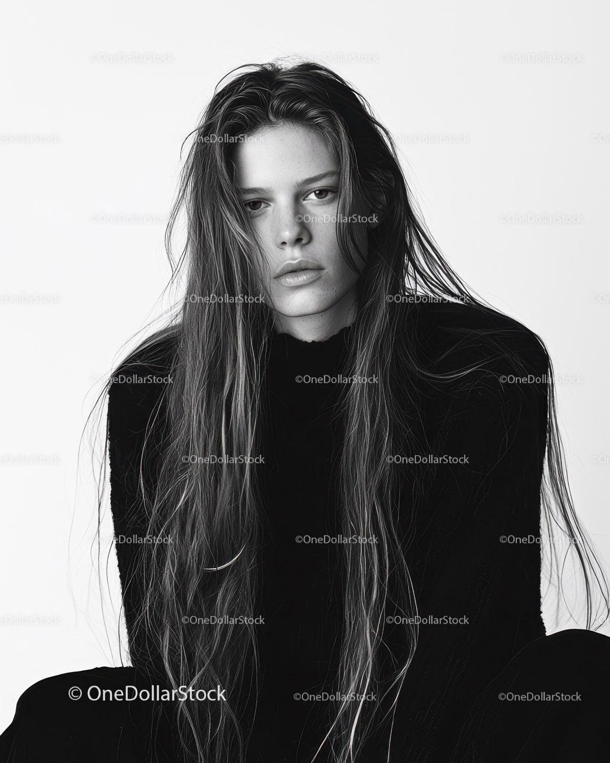 Portrait of a Young Woman with Long Hair in Monochrome Style