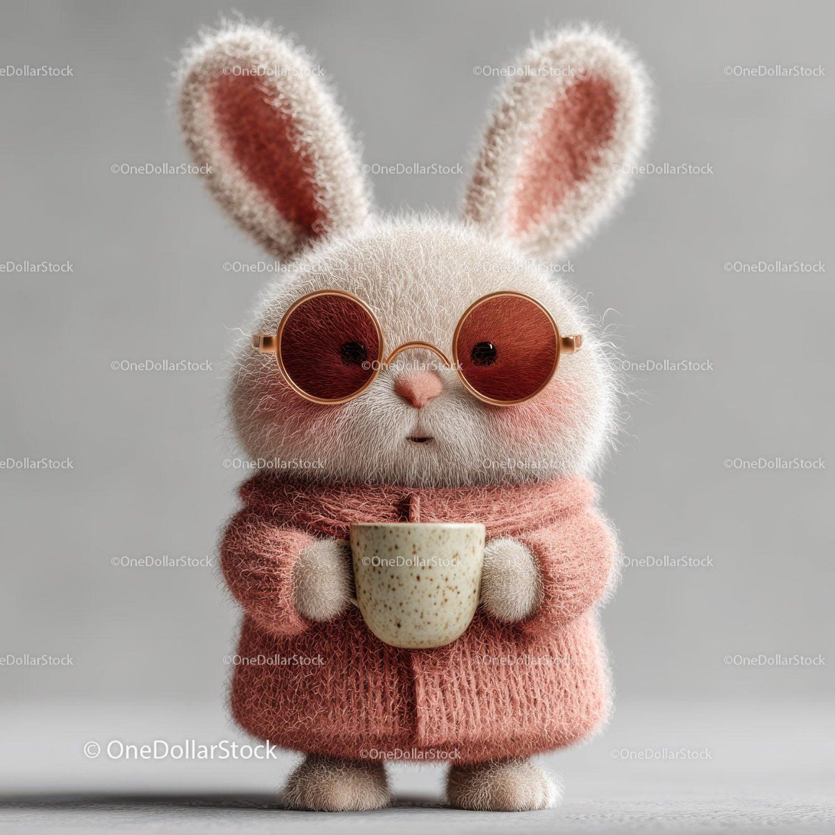 Cute Bunny Wearing Sunglasses and Cozy Pink Sweater Holding Coffee Mug Stock Photo Bundle preview 18