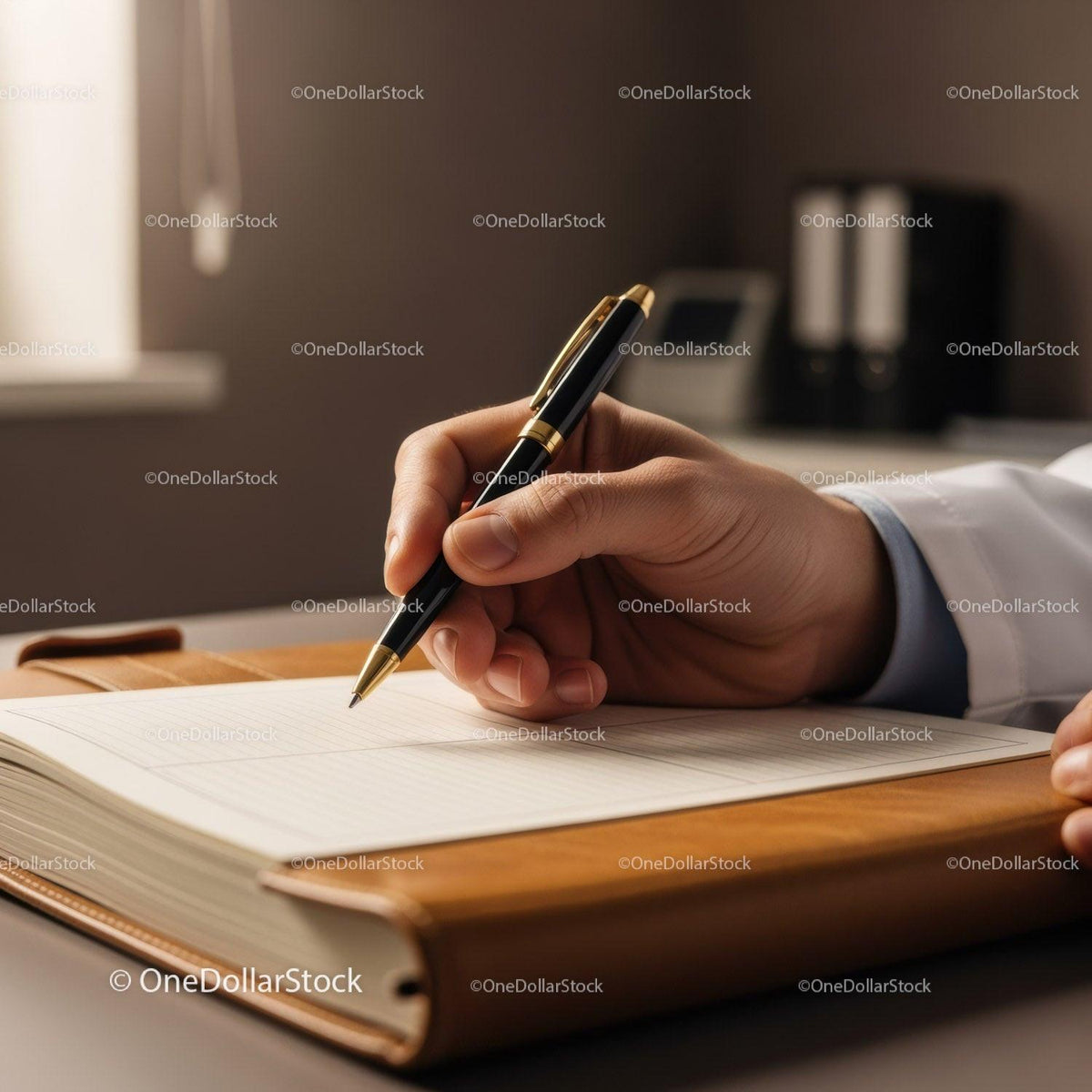 Elegant Black and Gold Pen Writing on Notebook in Modern Office