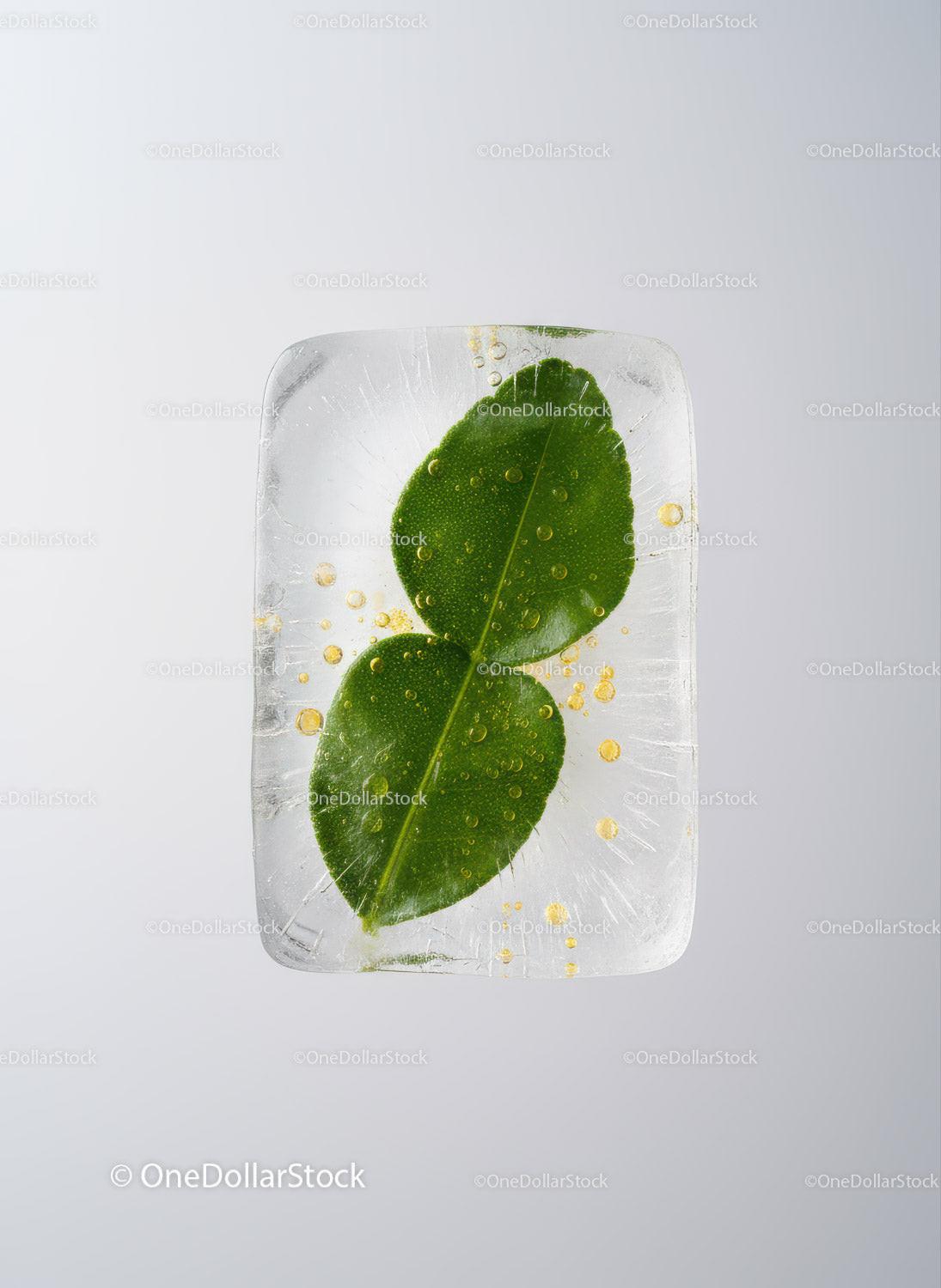 Fresh Green Leaves Captured Inside Clear Ice Cube