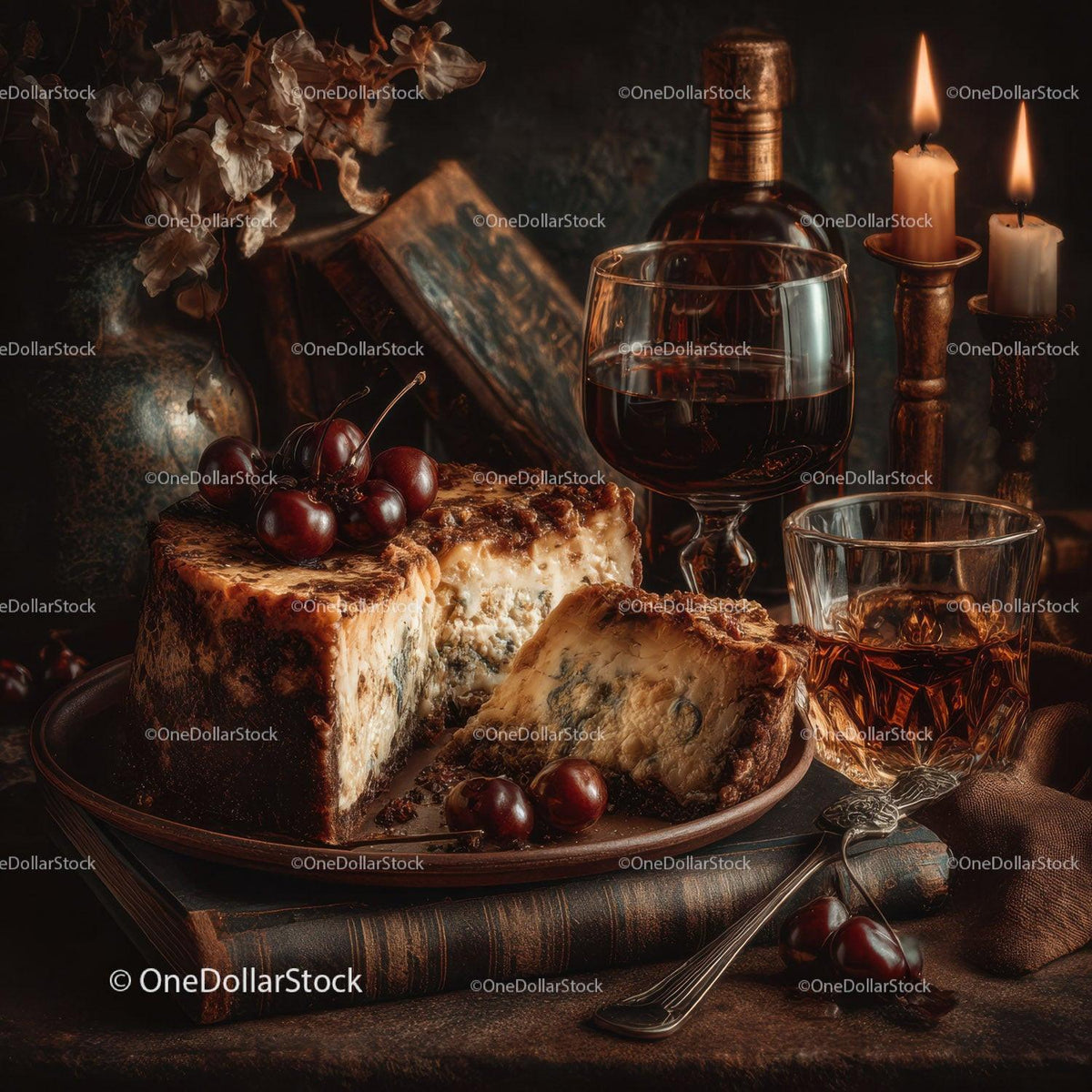 Decadent Cheesecake with Cherries and Alcoholic Beverages in Warm Setting