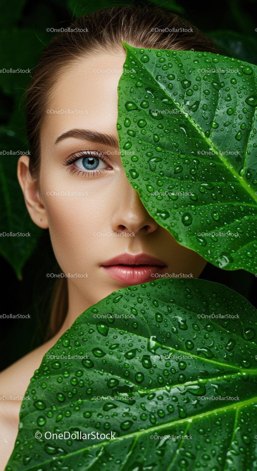 Young Woman with Clear Skin and Green Leaves Covered with Dew Drops