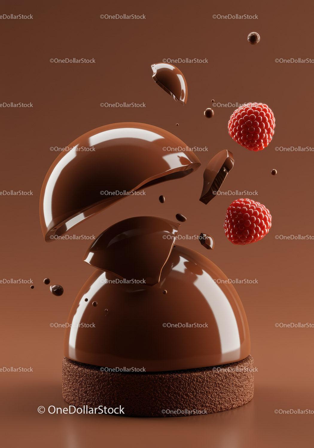 Deconstructed chocolate dome dessert with fresh raspberries