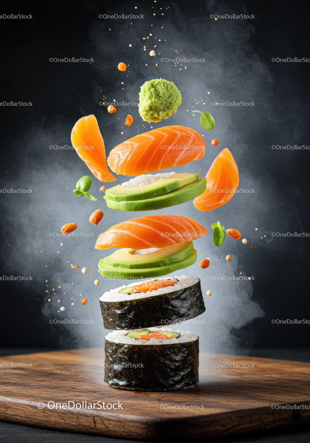 Fresh salmon and avocado sushi roll with flying ingredients