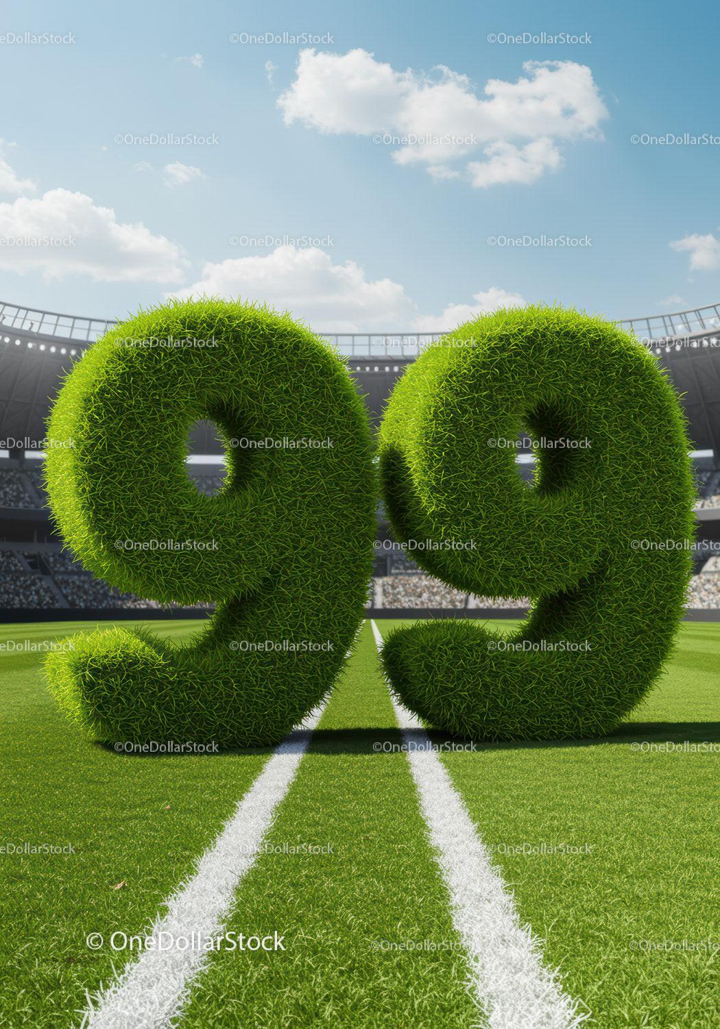 Grass Covered Number Ninety Nine on Stadium Field