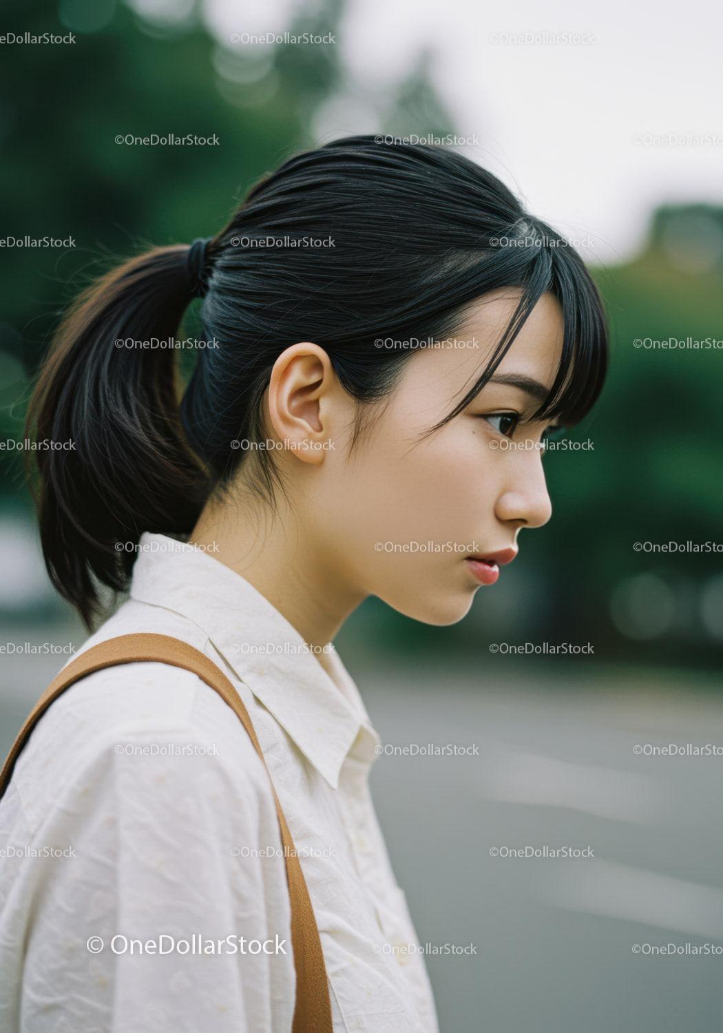 Elegant Young Woman in Beige Shirt with Black Ponytail Outdoors