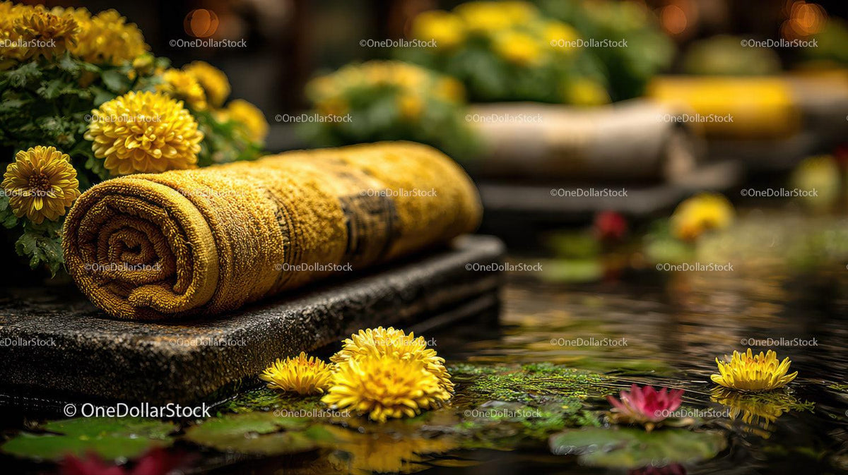 Serene Outdoor Spa Scene with Yellow Towel and Water Lilies Stock Photo Bundle preview 27