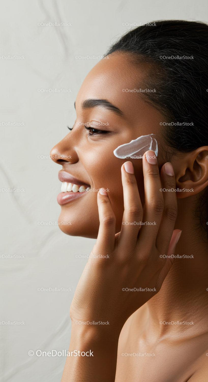 Young Woman Applying Facial Cream for Healthy Glowing Skin