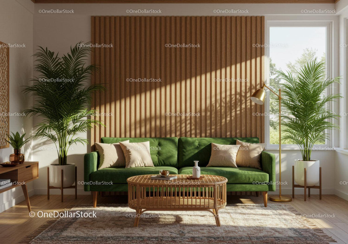 Bright modern living room with green sofa and natural light