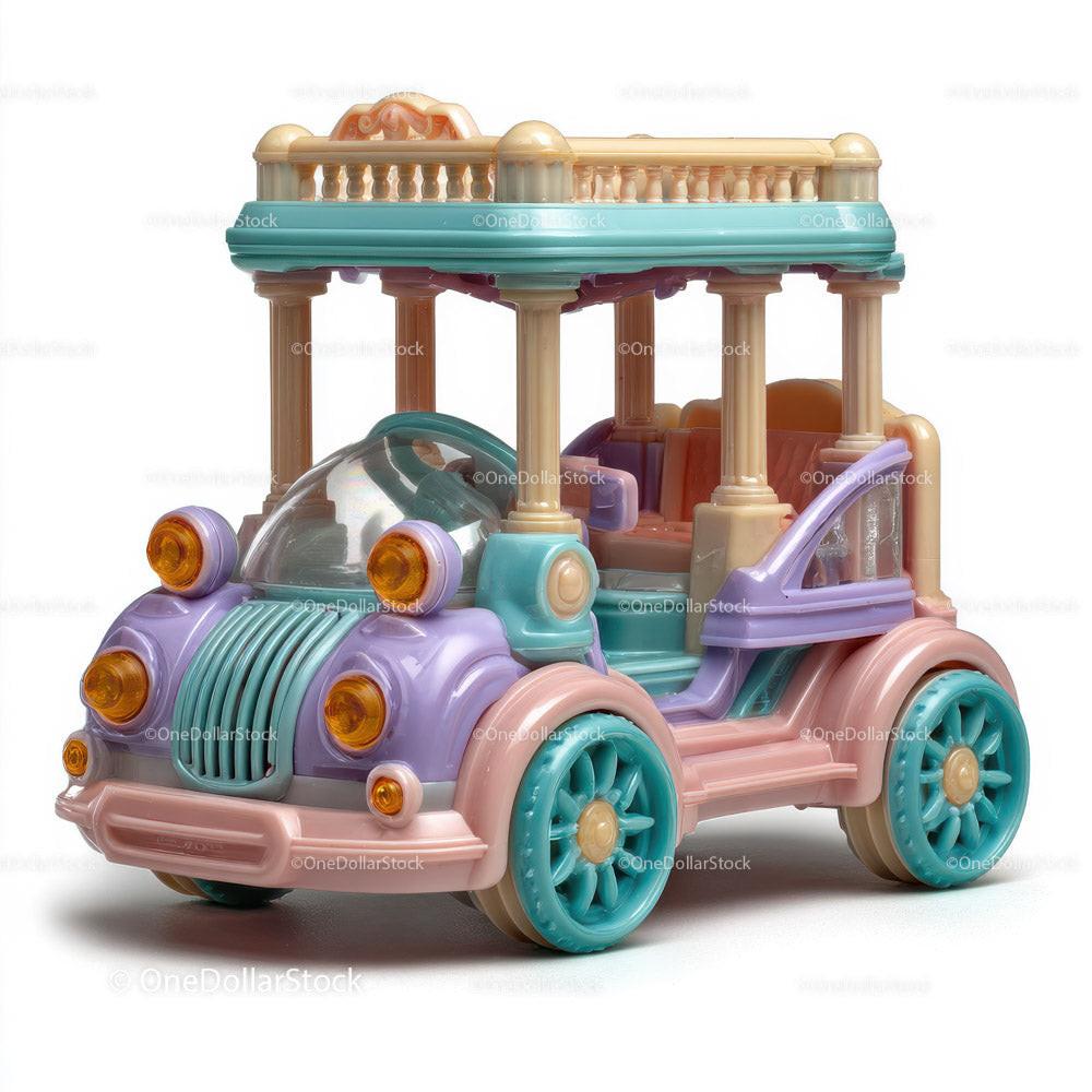 Colorful vintage style plastic toy car with pillars and open roof on white background