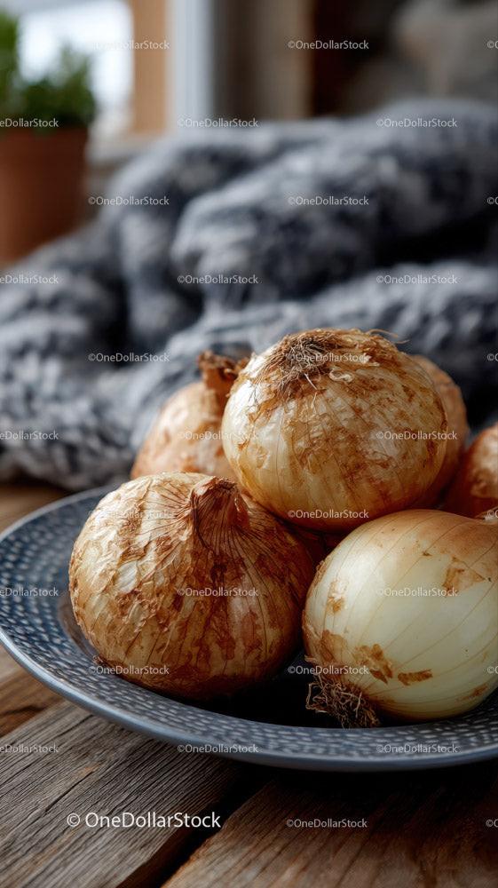 Fresh White Onion Slices on Ornate Blue Plate with Onions in Background Stock Photo Bundle preview 18