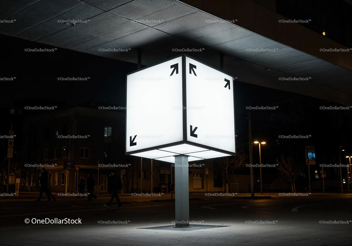 Illuminated cube street sign glowing in urban night JPG Mockup Image preview