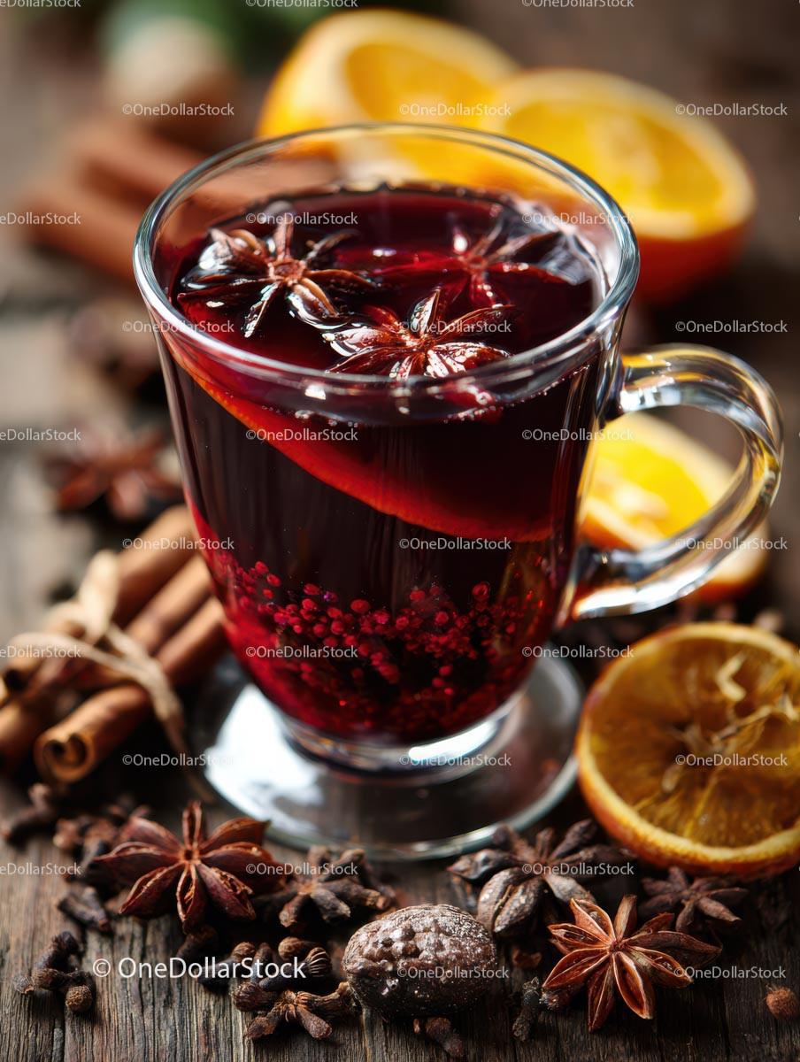 Delicious Mulled Wine with Citrus and Spices in a Glass Mug Stock Photo Bundle preview 8