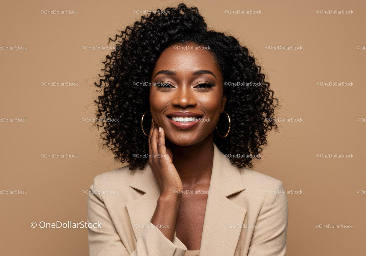 Beautiful African American Woman with Curly Hair and Warm Smile in Studio