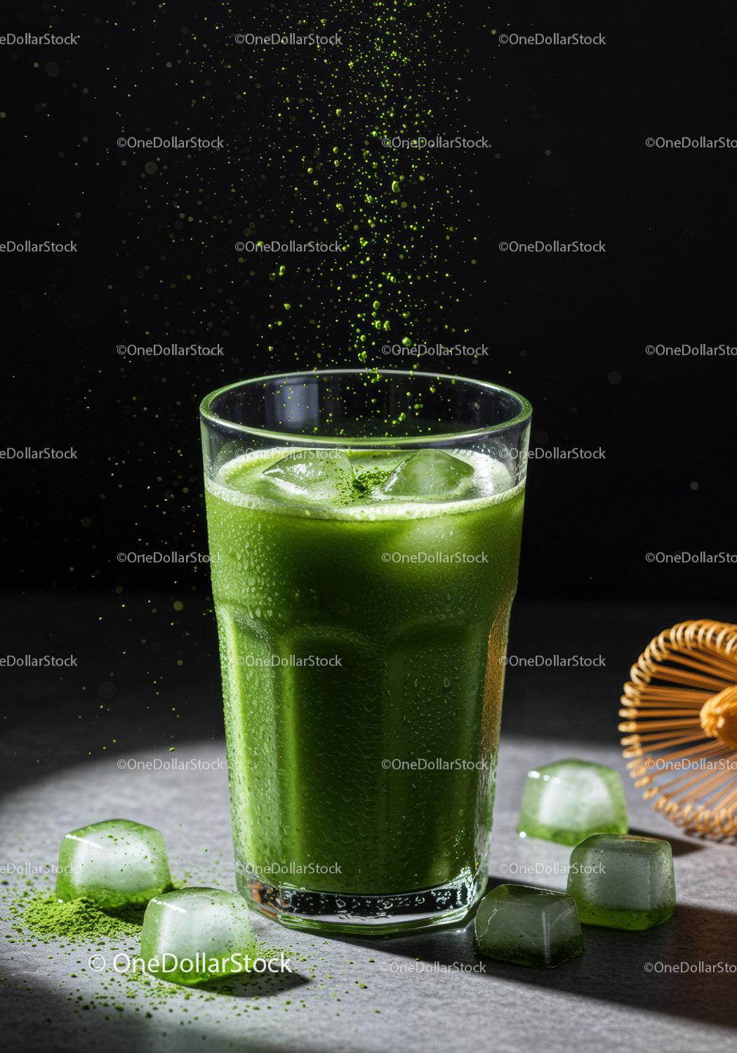 Refreshing iced matcha green tea with powder sprinkle