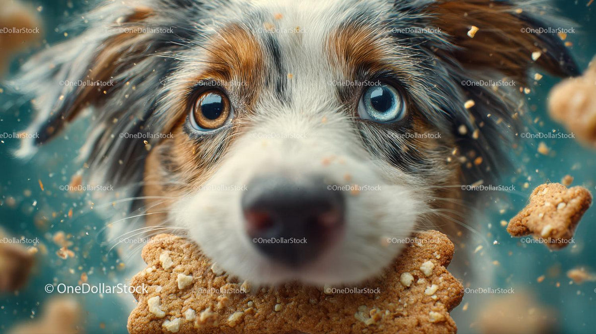 Adorable Puppy with Blue and Brown Eyes Surrounded by Crumbs and Water