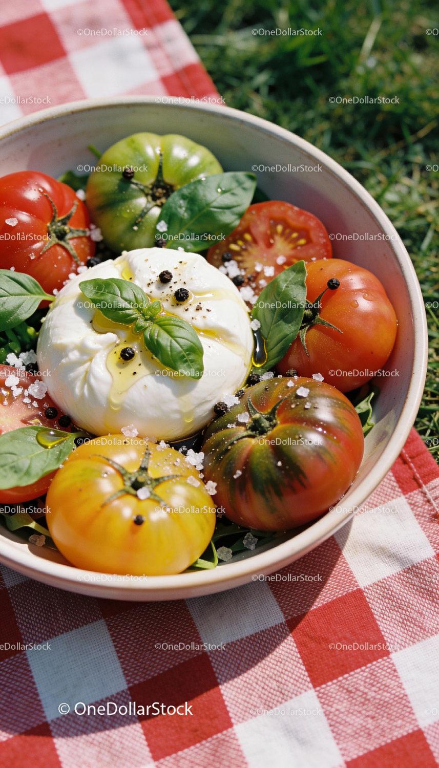 Fresh heirloom tomatoes with burrata and basil outdoors