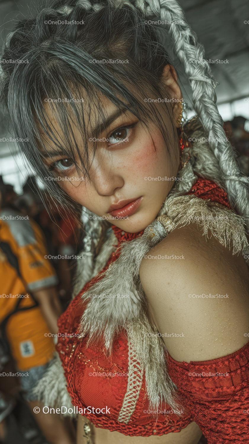 Portrait of a Young Woman in Tribal Costume with Fierce Expression