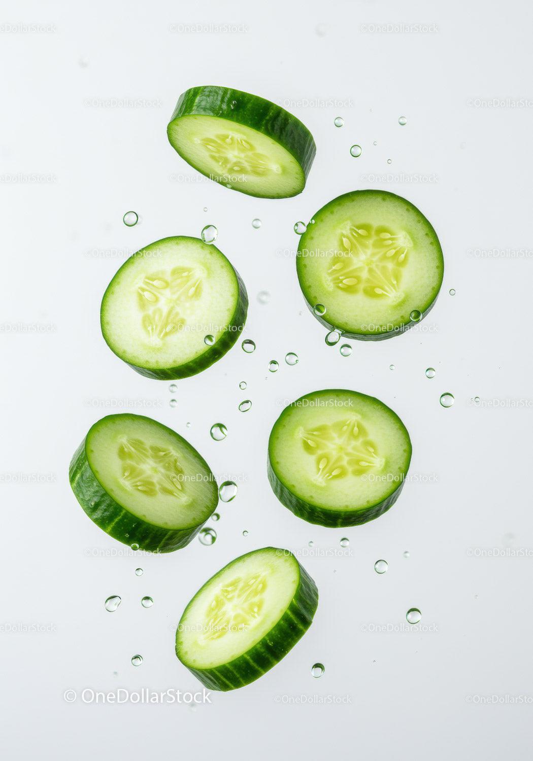 Fresh cucumber slices suspended in clear water droplets