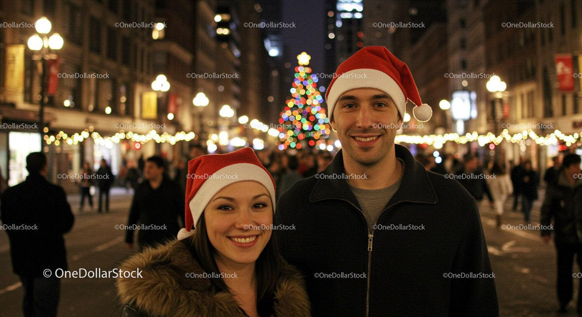 Smiling couple wearing Santa hats at city Christmas celebration