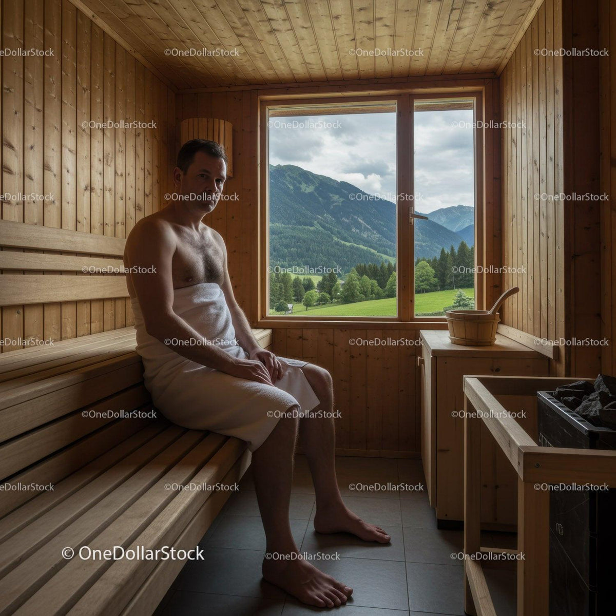Relaxing Man in Sauna with Scenic Mountain View and Wooden Interior