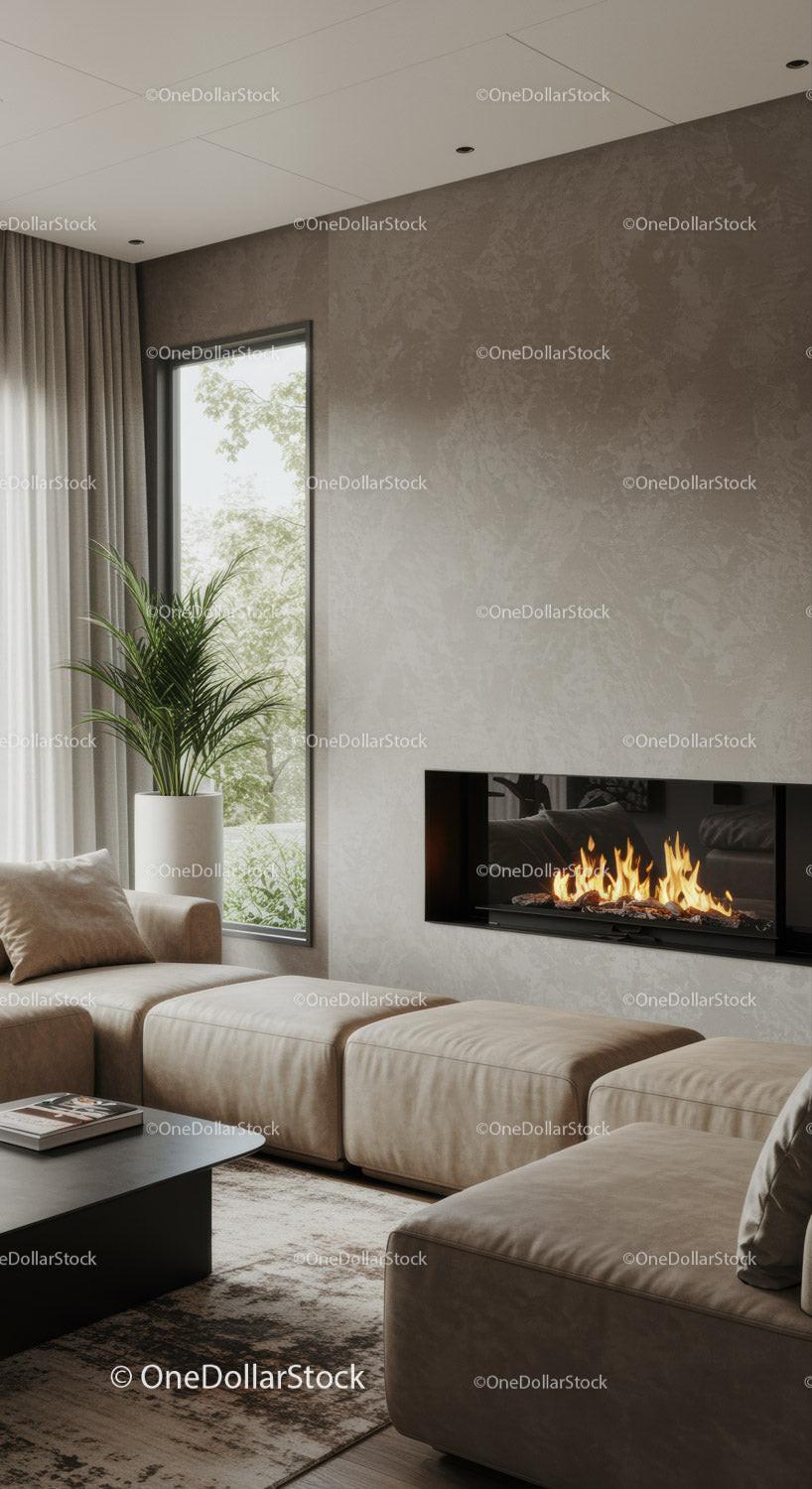 Cozy modern living room with fireplace and natural light