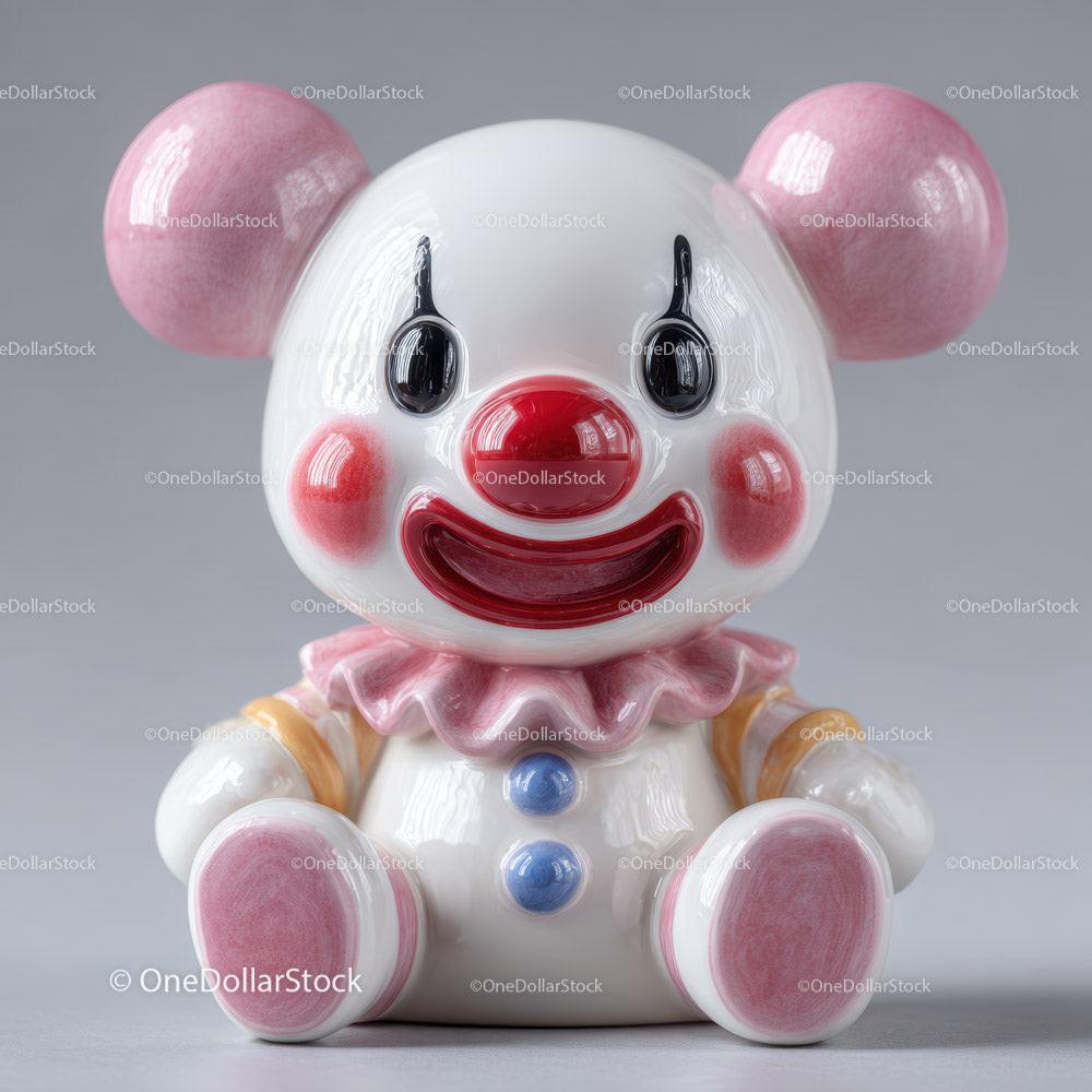 Glossy ceramic clown figurine with pink ears and ruffled collar sitting