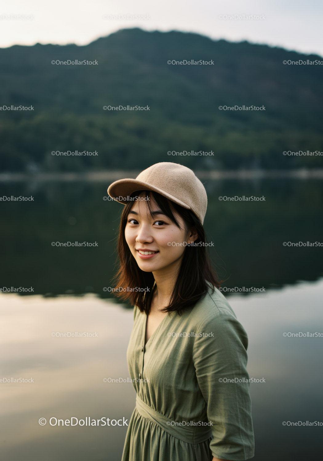 Young Woman in Green Dress Wearing Beige Cap Near Lake Landscape Stock Photo Bundle preview 7
