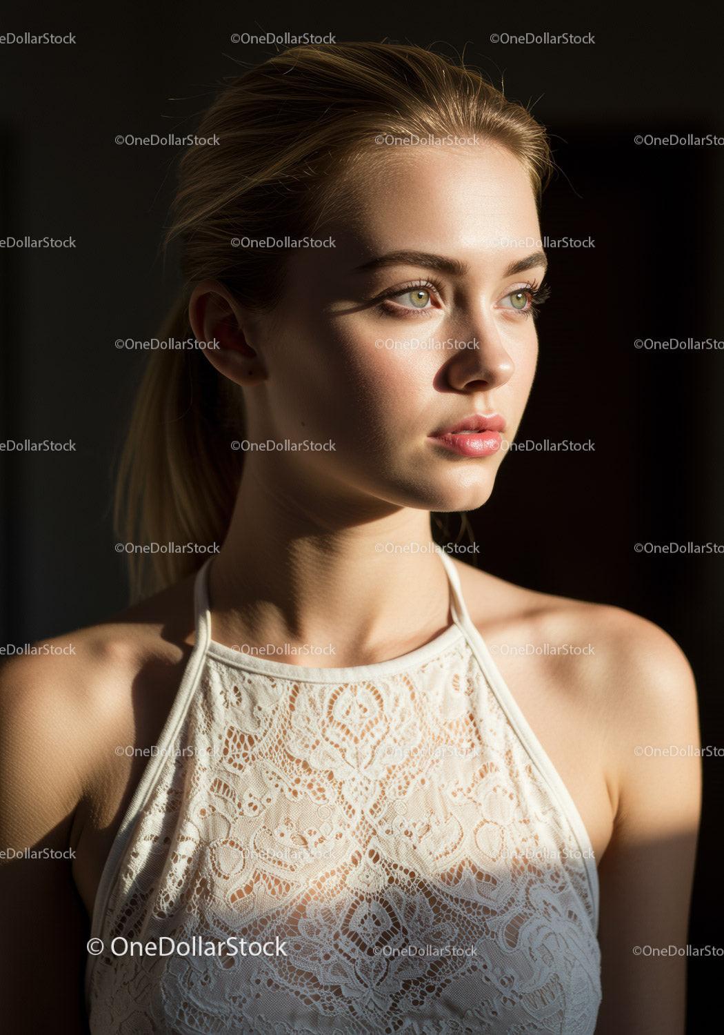 Elegant Young Woman with Blonde Hair and Green Eyes Surrounded by Sunlight