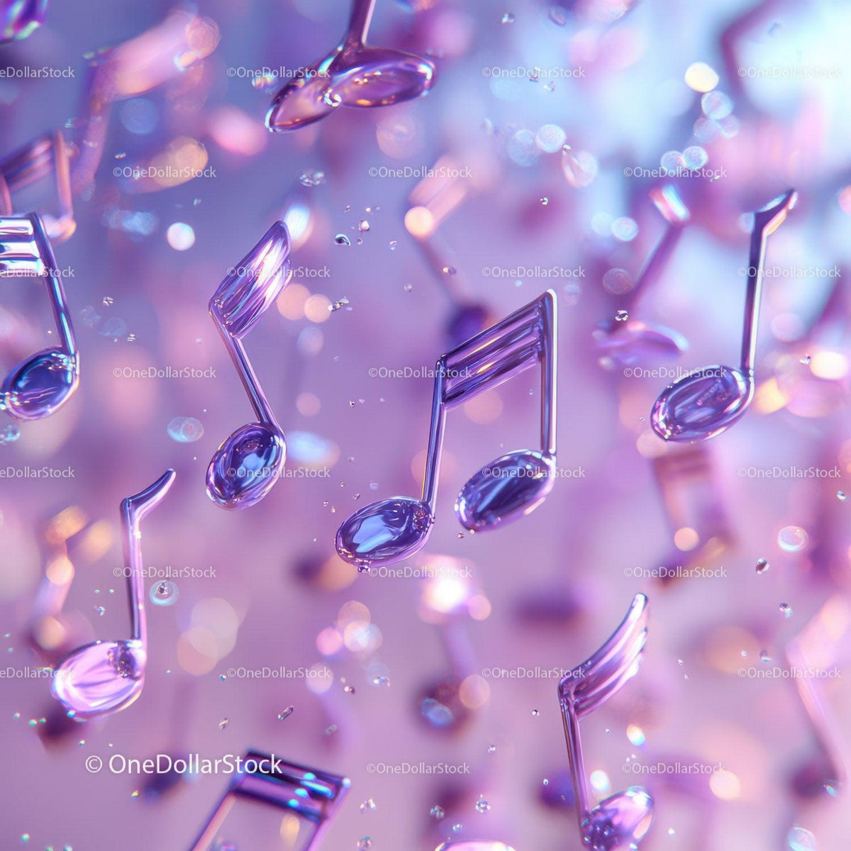 Cluster of translucent purple musical notes floating with bokeh background