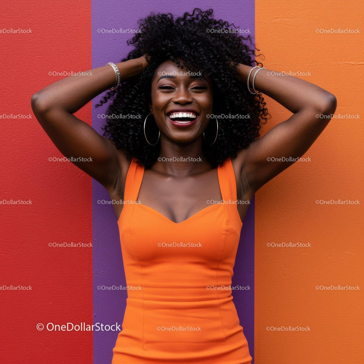 Vibrant Portrait of Smiling Woman with Curly Hair Against Colorful Wall