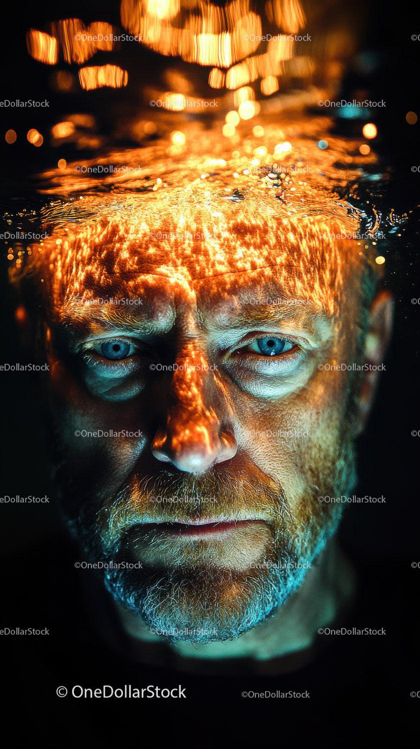 Intense Male Portrait with Water Reflection and Dramatic Lighting