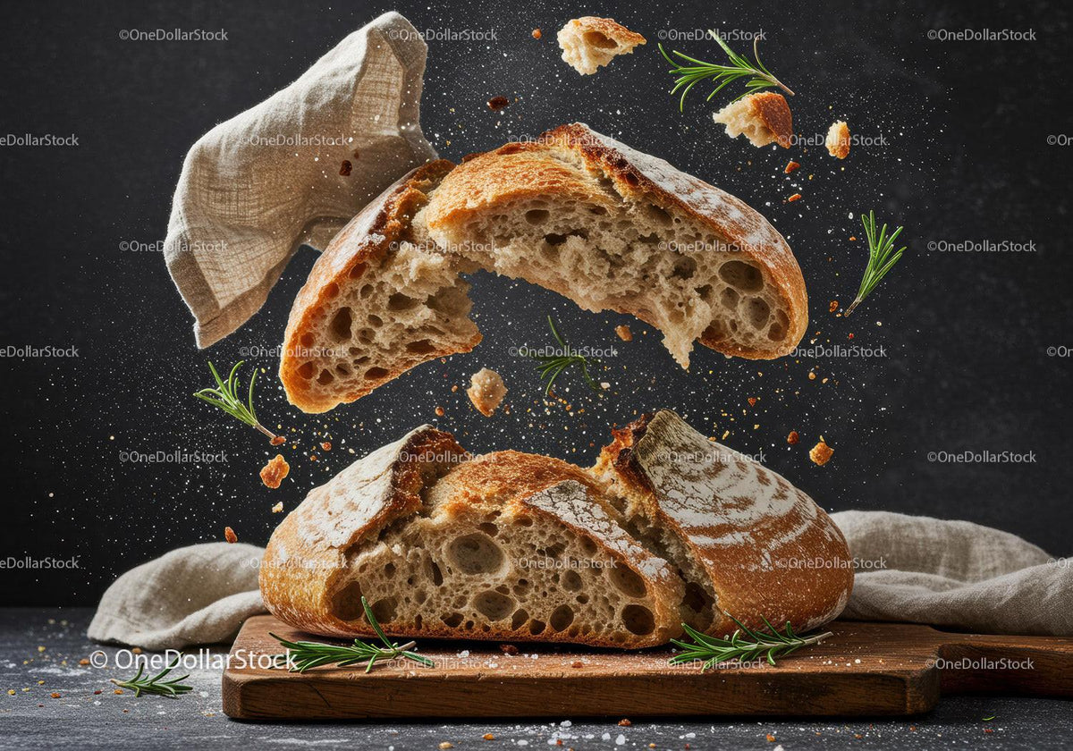 Rustic sourdough bread breaking apart with herbs