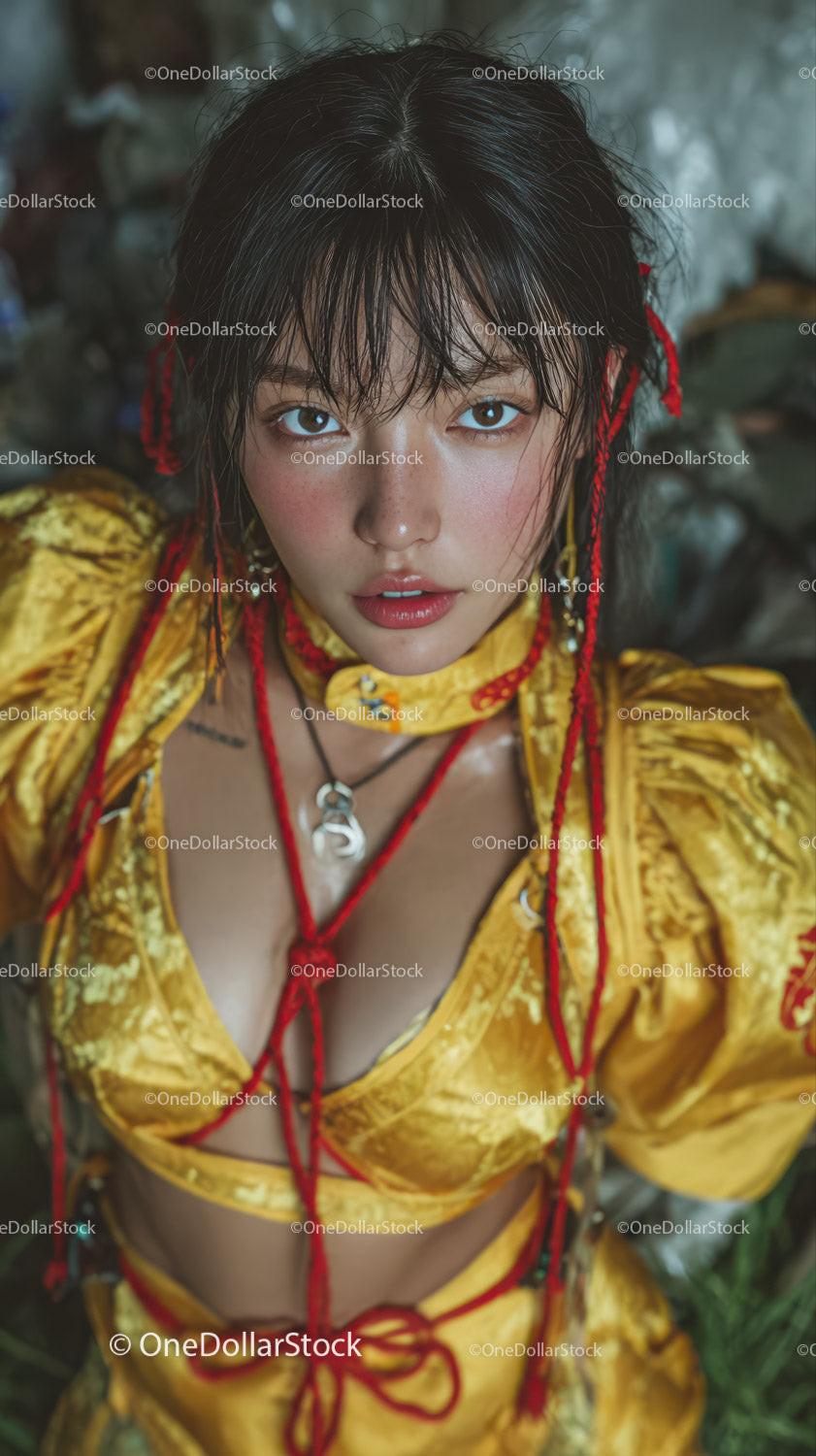 Vibrant Young Woman in Traditional Yellow Dress with Red Accessories